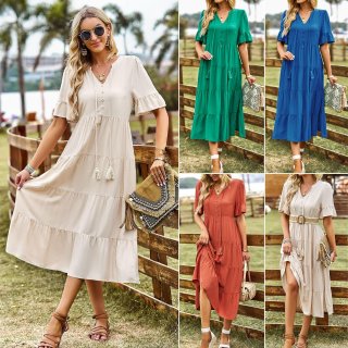 Women's V Neck Tiered Boho Midi Dress 100% Viscose Short Flutter Sleeve Casual Loose Summer Beach Dress with Tassel Tie and Buttons for Women