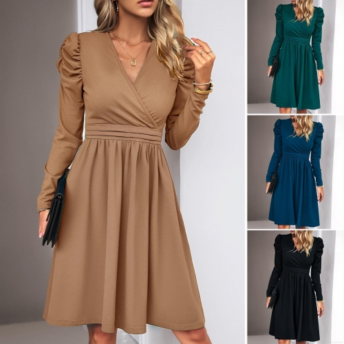 Women's Elegant V Neck Long Sleeve A-Line Midi Dress Solid Color Pleated Waist Puff Sleeve Polyester Spandex Knit Dress for Fall Winter Office Party Lady