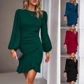 Women Elegant Lantern Long Sleeve Dress Round Neck Ruched Waist Irregular Ruffle Hem Slim Fit Bodycon Midi Dress For Party Cocktail Club