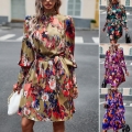 Women's Elegant Abstract Geometric Print Dress High Neck Long Lantern Sleeve Tie Waist Midi Dress 100% Polyester Autumn Fashion Casual Loose Dress for Women