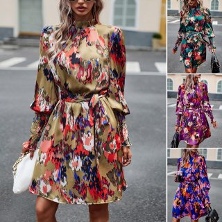 Women's Elegant Abstract Geometric Print Dress High Neck Long Lantern Sleeve Tie Waist Midi Dress 100% Polyester Autumn Fashion Casual Loose Dress for Women