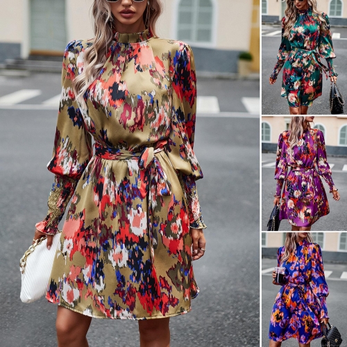 Women's Elegant Abstract Geometric Print Dress High Neck Long Lantern Sleeve Tie Waist Midi Dress 100% Polyester Autumn Fashion Casual Loose Dress for Women