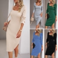 Women's Elegant Square Neck Knitted Midi Dress Long Sleeve Solid Color Ribbed Bodycon Sweater Dress With Side Slit For Autumn Winter Office Lady