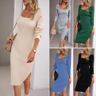 Women's Elegant Square Neck Knitted Midi Dress Long Sleeve Solid Color Ribbed Bodycon Sweater Dress With Side Slit For Autumn Winter Office Lady
