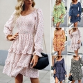 Women's Floral Print Long Lantern Sleeve Dress V-Neck Smocked Waist Tiered Ruffle Midi Dress Elegant Boho Vacation Casual Outfits