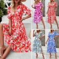 Women's Summer V Neck Floral Print Chiffon Maxi Dress Short Lantern Sleeve High Waist A-Line Resort Dress For Vacation Casual Party