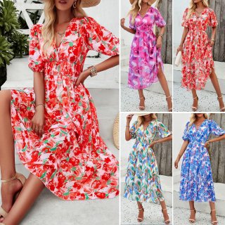 Women's Summer V Neck Floral Print Chiffon Maxi Dress Short Lantern Sleeve High Waist A-Line Resort Dress For Vacation Casual Party