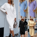 Women's Long Sleeve Knitted Sweater Dress Solid Color Henley Neck Button Detail Casual Midi Dress Elegant Soft Warm Knitwear for Autumn Winter