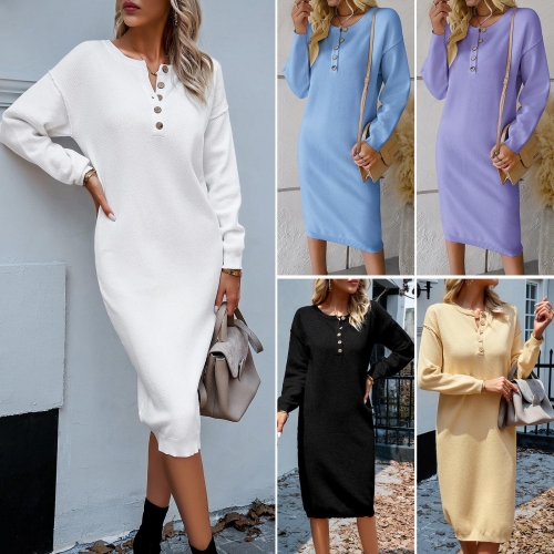 Women's Long Sleeve Knitted Sweater Dress Solid Color Henley Neck Button Detail Casual Midi Dress Elegant Soft Warm Knitwear for Autumn Winter