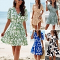 Women's Summer Viscose Geometric Print Midi Dress Short Sleeve V Neck Button Down Tie Waist Ruffle Hem Dresses For Beach Vacation Party Elegant Casual Ladies Clothing