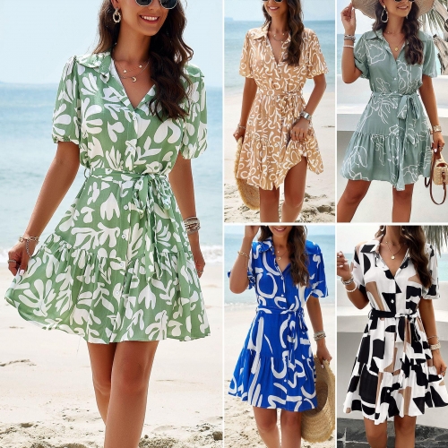 Women's Summer Viscose Geometric Print Midi Dress Short Sleeve V Neck Button Down Tie Waist Ruffle Hem Dresses For Beach Vacation Party Elegant Casual Ladies Clothing