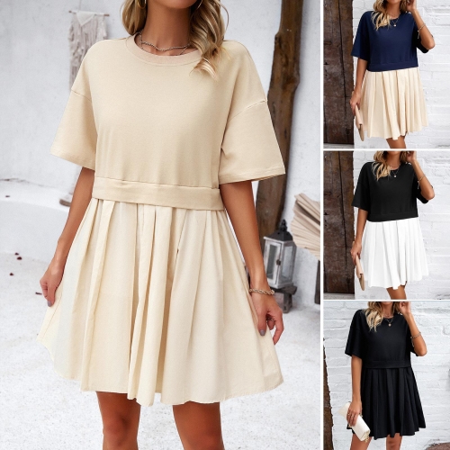 Women's Short Sleeve Pleated Dress Two-Tone Patchwork Round Neck Midi T-Shirt Dress For Summer Casual Party Elegant Ladies Fashion