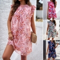 Women's Elegant Floral Print Sleeveless Dress 100% Polyester Chiffon Midi A-Line Ruffle Stand Collar Casual Summer Party Beach Dress For Ladies