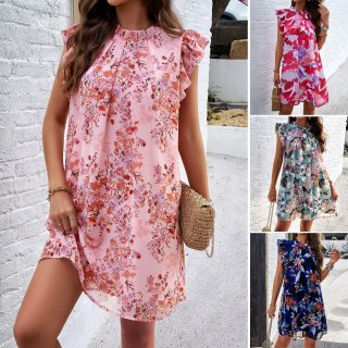 Women's Elegant Floral Print Sleeveless Dress 100% Polyester Chiffon Midi A-Line Ruffle Stand Collar Casual Summer Party Beach Dress For Ladies