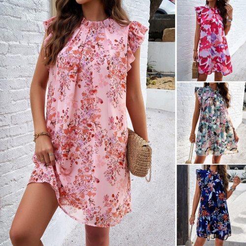 Women's Elegant Floral Print Sleeveless Dress 100% Polyester Chiffon Midi A-Line Ruffle Stand Collar Casual Summer Party Beach Dress For Ladies