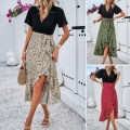 Women's V-Neck Short Sleeve Contrast Color Wrap Midi Dress Summer Elegant Tie Waist Ruffle Hem Printed Polka Dot Floral Leopard Vacation Party Leisure Polyester Sundress