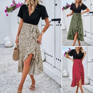 Women's V-Neck Short Sleeve Contrast Color Wrap Midi Dress Summer Elegant Tie Waist Ruffle Hem Printed Polka Dot Floral Leopard Vacation Party Leisure Polyester Sundress