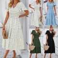Women's Casual V-Neck Polka Dot Smocked Tiered Midi Dress Summer Short Sleeve High Waist Bohemian A-Line Vacation Sun Dress