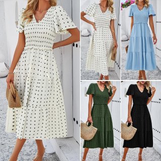 Women's Casual V-Neck Polka Dot Smocked Tiered Midi Dress Summer Short Sleeve High Waist Bohemian A-Line Vacation Sun Dress