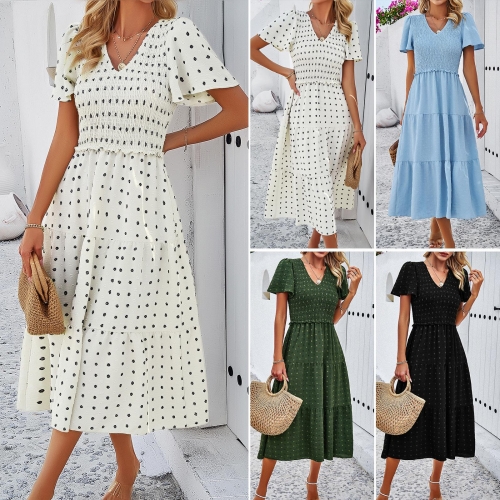 Women's Casual V-Neck Polka Dot Smocked Tiered Midi Dress Summer Short Sleeve High Waist Bohemian A-Line Vacation Sun Dress