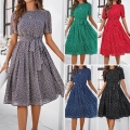 Women's Elegant Polka Dot Print Midi Dress Casual Short Sleeve A-Line Sun Dress With Tie Waist Belt 100% Polyester Summer Vacation Party Outfits