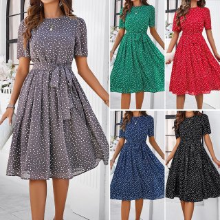 Women's Elegant Polka Dot Print Midi Dress Casual Short Sleeve A-Line Sun Dress With Tie Waist Belt 100% Polyester Summer Vacation Party Outfits
