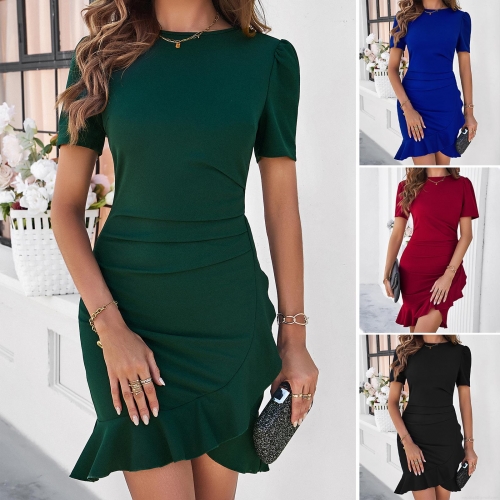 Women Elegant Solid Color Bodycon Short Sleeve Dress With Ruffle Fishtail Hem Ruched Waist Polyester Spandex Slim Fit Midi Dress For Party Cocktail Evening Office Lady