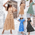 Women's 100% Viscose V-Neck Abstract Print Maxi Dress Short Ruffle Sleeve Bohemian Holiday Beach Wrap A-Line Dress With Tie Waist For Women