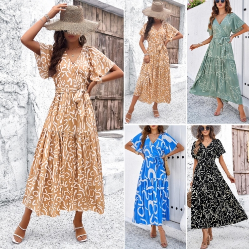 Women's 100% Viscose V-Neck Abstract Print Maxi Dress Short Ruffle Sleeve Bohemian Holiday Beach Wrap A-Line Dress With Tie Waist For Women