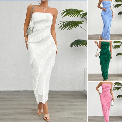 Women's Elegant Off-Shoulder Ruffle Bodycon Dress Sexy Solid Color Slim Fit Midi Maxi Dress For Summer Party Commute Evening Event