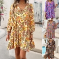 Women's Bohemian Floral Printed Midi Dress 100% Viscose Rayon V Neck Button Down Long Lantern Sleeve A-Line Loose Fit Dress for Summer Holiday Beach Vacation