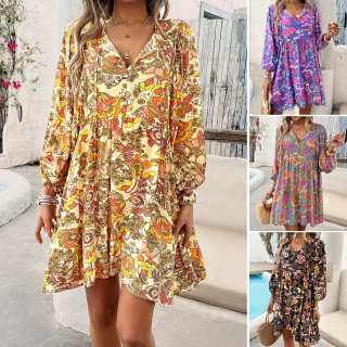 Women's Bohemian Floral Printed Midi Dress 100% Viscose Rayon V Neck Button Down Long Lantern Sleeve A-Line Loose Fit Dress for Summer Holiday Beach Vacation