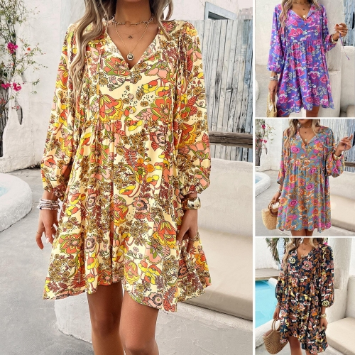 Women's Bohemian Floral Printed Midi Dress 100% Viscose Rayon V Neck Button Down Long Lantern Sleeve A-Line Loose Fit Dress for Summer Holiday Beach Vacation