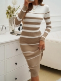 Women Elegant Striped Knitted Midi Dress Long Sleeve Round Neck Bodycon Ribbed Knit Slim Fit Sweater Dress for Office Casual Autumn Winter