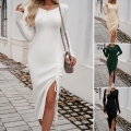 Women's Knitted Midi Dress Viscose Blend Round Neck Long Sleeve Side Drawstring Slit Ribbed Bodycon Elegant Slim Fit Sweater Dress For Autumn Winter