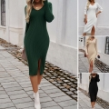 Women's Sexy V-Neck Long Sleeve Knitted Midi Dress Slim Fit Ribbed Front Split Sweater Dress For Autumn Winter Office Daily Casual Elegant Bodycon Gown