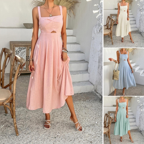 Women Elegant Camisole Midi Dress Hollow Out High Waist Polyester Resort Holiday Sweet Sleeveless Square Neck Backless A-Line Dress for Women