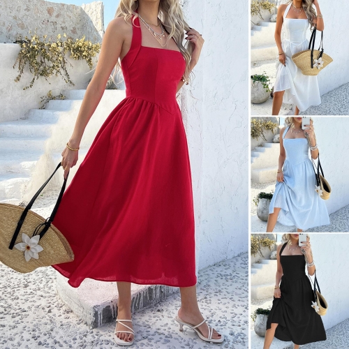 Women's Halter Neck Backless Midi Dress High Waist A-Line Solid Color Polyester Spandex Casual Vacation Sleeveless Summer Beach Sundress For Women