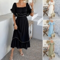 Women's Bohemian Off-Shoulder Midi Dress Viscose Polyamide Contrast Trim Ruffle Sleeve Square Neck A-Line Summer Vacation Beach Dress
