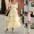 Elegant Women's Square Neck Puff Sleeve Tiered Cake Dress Solid Color Tencel Blend Casual Midi Dress For Party Vacation Wedding Guest Gown