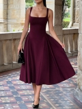 Women Elegant French Style Square Neck Sling Maxi Dress Polyester Spandex A-Line Pleated Long Dress For Party Wedding Dating Summer Lady