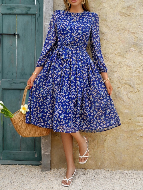 Women's Casual Polyester Floral Polka Dot Long Sleeve Dress Lantern Sleeve Tie Waist A-Line Midi Dress For Vacation Lady Chic Spring Wear