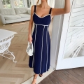 Women's Casual Viscose Linen Blend Midi Dress Contrast Piping Sleeveless A-Line Strappy Sundress High Waist Back Zipper Summer Vacation Dress For Women