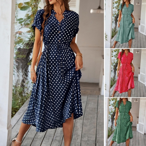 Women's Summer Polka Dot V-Neck Midi Dress 100% Viscose Short Sleeve High Waist Tie Up Vacation A-Line Button Down Casual Boho Sundress