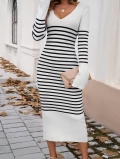 Women's Elegant V-Neck Long Sleeve Striped Knit Bodycon Midi Dress Slim Fit 100% Polyester Ribbed Horizontal Stripe Sweater Dress For Casual Office Party Wear