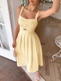 Women's Sexy Cut Out Spaghetti Strap Midi Dress Elegant Square Neck Pleated A-Line Vacation Sundress Summer Casual Solid Color Backless Dress