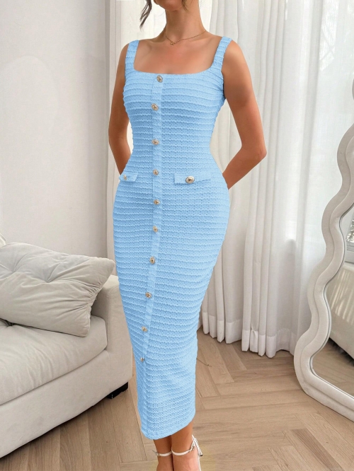 Women's Elegant Sleeveless Bodycon Midi Dress Textured Knit Square Neck Gold Button Decoration Slim Fit Long Pencil Dress For Party Office Daily