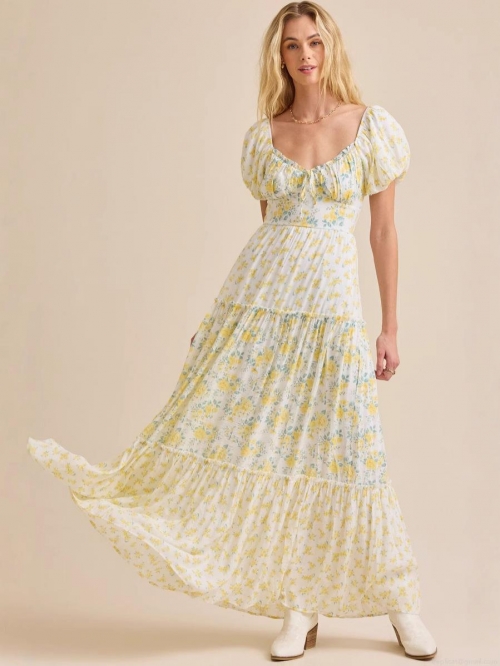 Women's Floral Print Puff Sleeve Tiered Midi Dress Elegant Summer V-Neck Boho A-Line Party Dress for Women