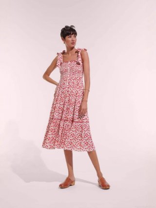 Women's Summer Floral Print Smocked Bodice Tiered Midi Dress Sexy Backless Bow Tie Straps Ruffle Cake Hem Beach Vacation Sundress