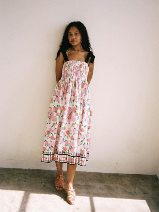 Women Summer Vacation Floral Print Smocked Bust Sling Dress Butterfly Tie-up Straps Midi A-Line Dresses Casual Beach Party Sundress